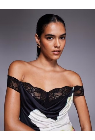 I.AM.GIA Theodora super soft slinky bardot lace cowl neck mini dress