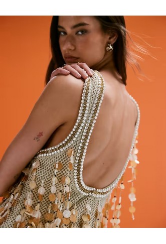 ASOS DESIGN crochet mini dress with shell effect fringe beading