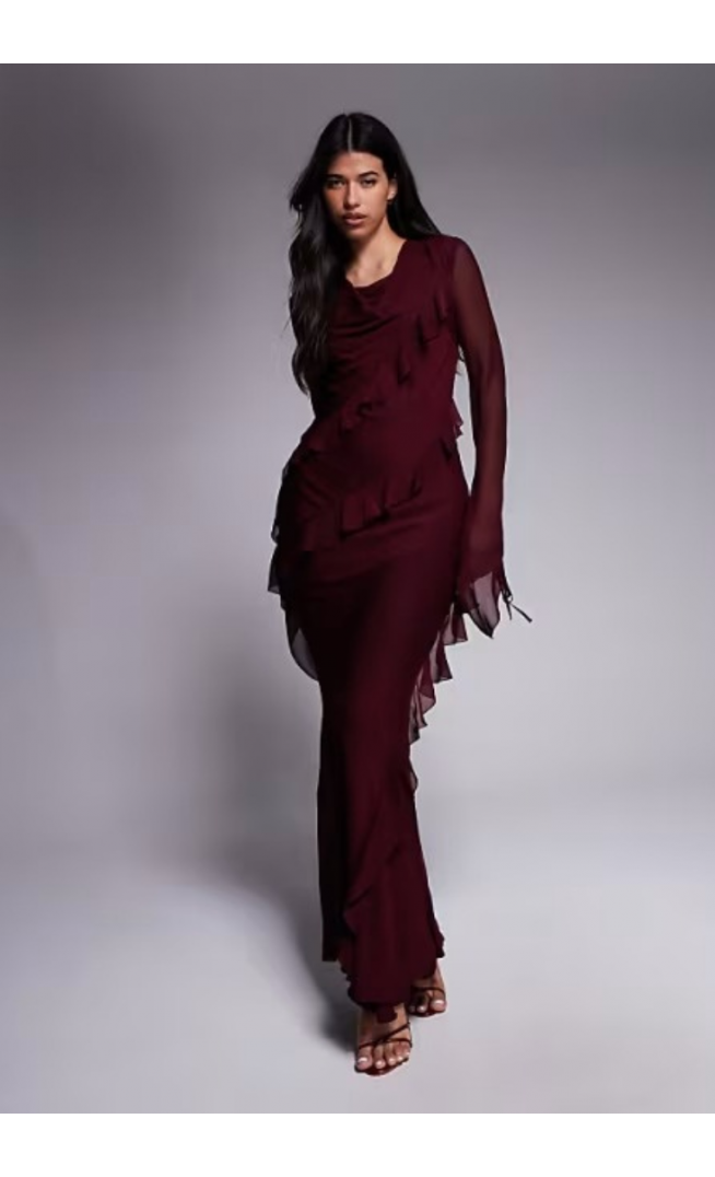 Daska chiffon ruffle maxi dress in burgundy