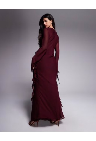 Daska chiffon ruffle maxi dress in burgundy
