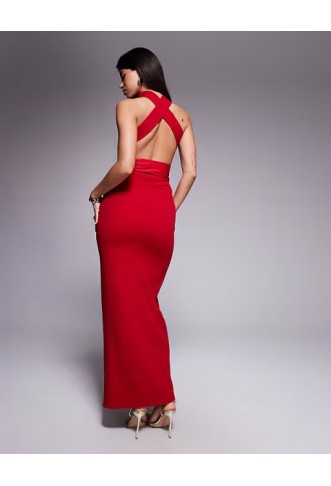 ASOS DESIGN halter maxi dress with split and knot belt in red