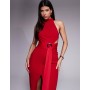 ASOS DESIGN halter maxi dress with split and knot belt in red