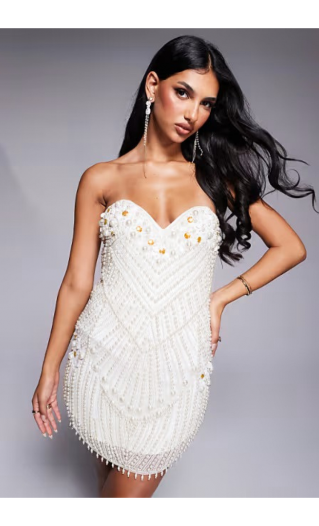 ASOS LUXE pearl embellished bandeau mini dress in white