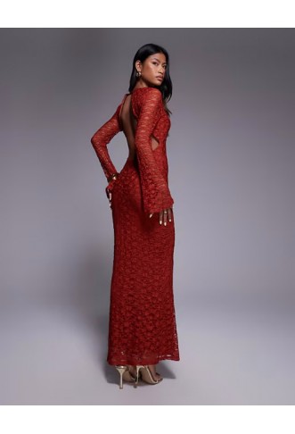ASOS DESIGN lace angel sleeve maxi dress with front cut out in red