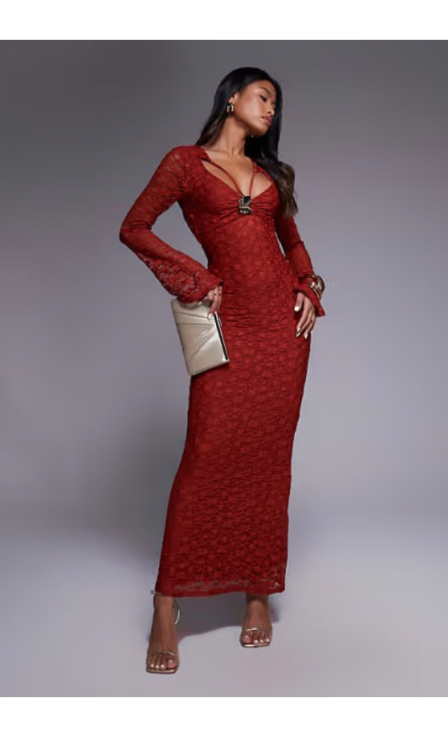 ASOS DESIGN lace angel sleeve maxi dress with front cut out in red