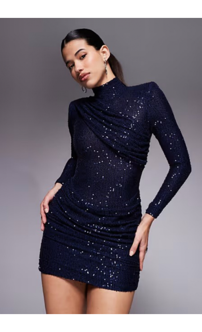 Ruched & Ready removable shoulder pad high neck drape mini dress