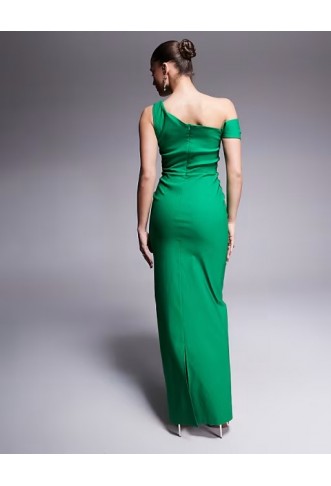 Vesper bengaline one shoulder knot detail maxi bodycon dress in emerald