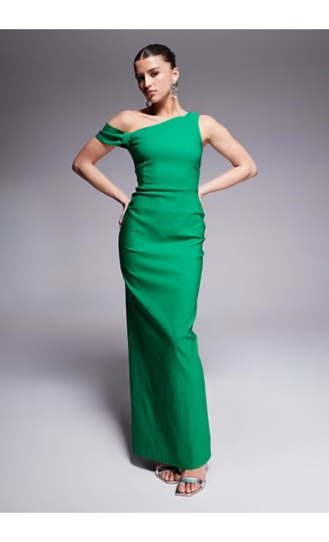Vesper bengaline one shoulder knot detail maxi bodycon dress in emerald