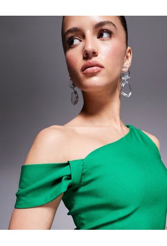 Vesper bengaline one shoulder knot detail maxi bodycon dress in emerald