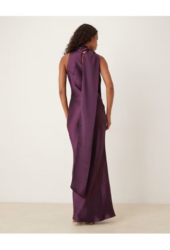 Pretty Lavish satin sleeveless high neck drape scarf detail maxi dress in purple