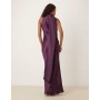 Pretty Lavish satin sleeveless high neck drape scarf detail maxi dress in purple