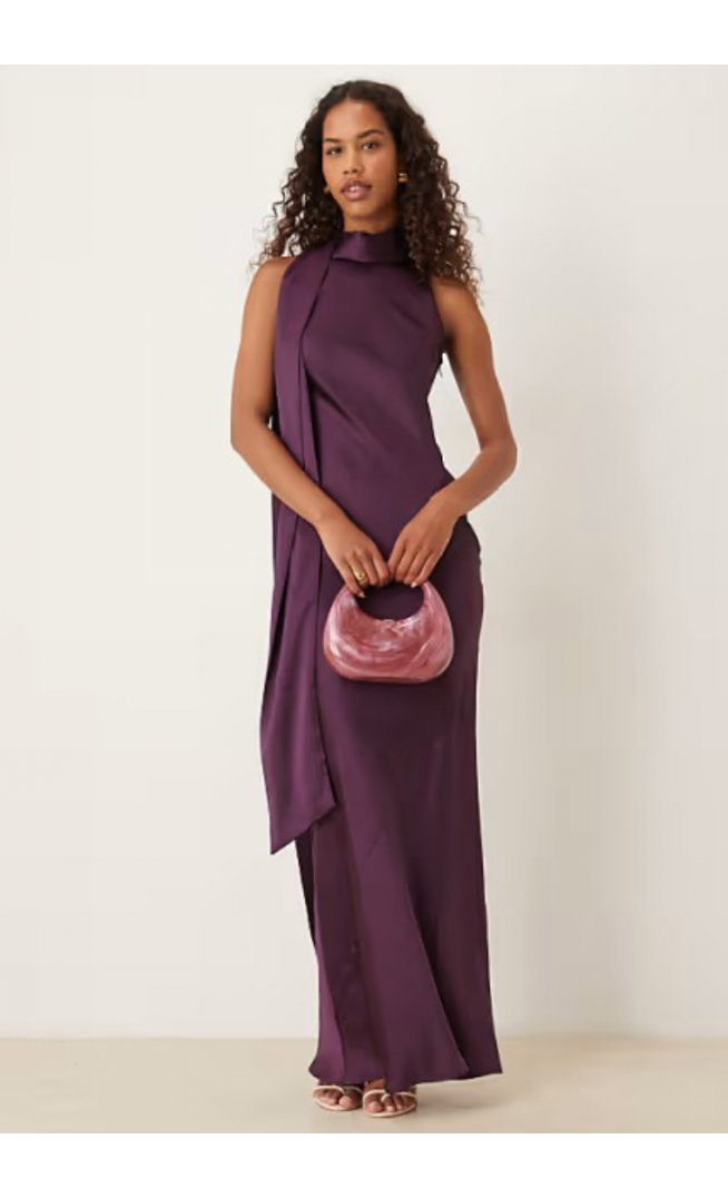 Pretty Lavish satin sleeveless high neck drape scarf detail maxi dress in purple