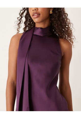 Pretty Lavish satin sleeveless high neck drape scarf detail maxi dress in purple