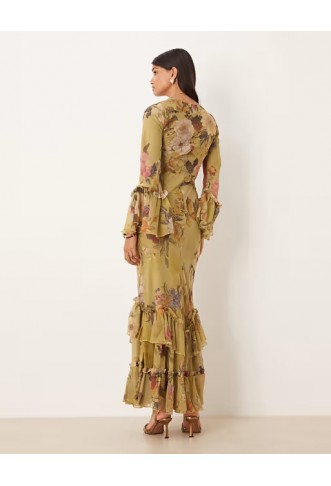 ASOS DESIGN tiered ruffle long sleeve chiffon maxi dress