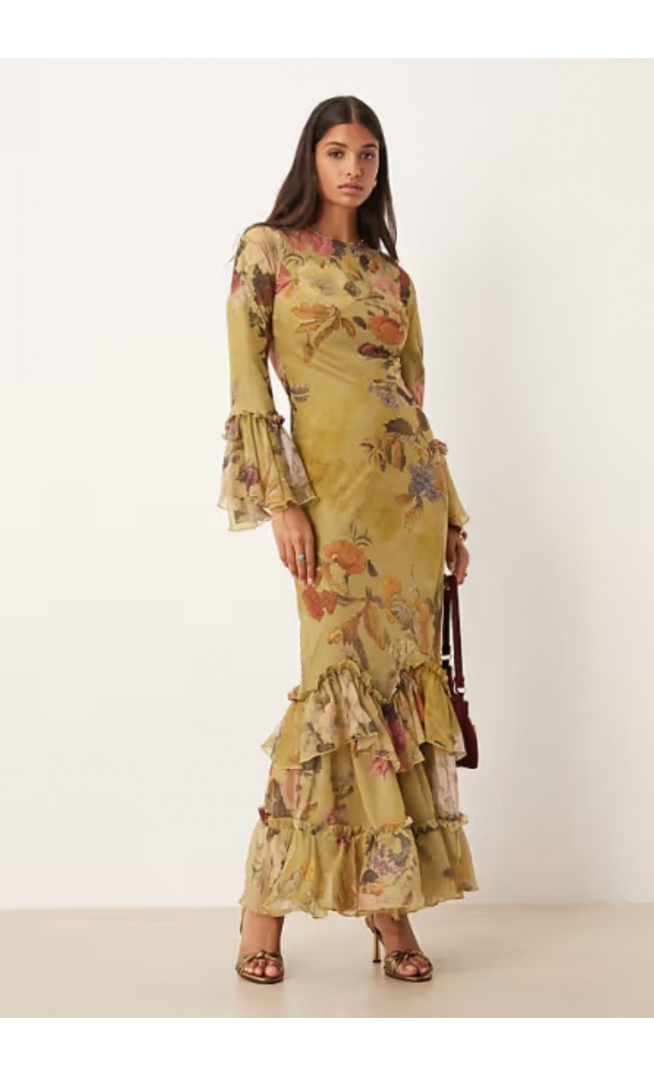 ASOS DESIGN tiered ruffle long sleeve chiffon maxi dress