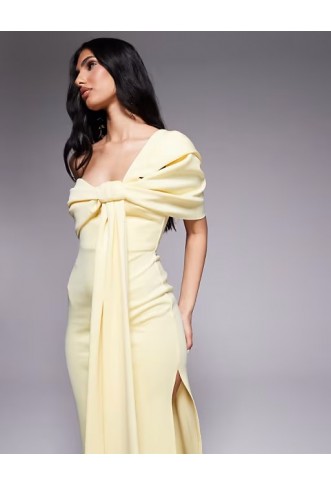 ASOS DESIGN off shoulder bow detail midi dress in yellow
