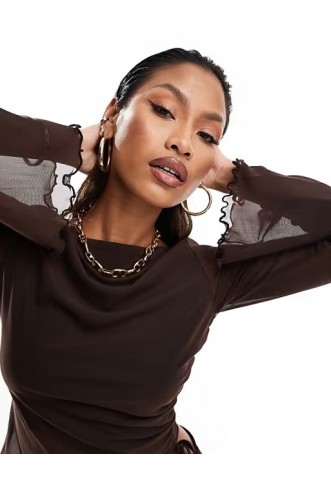 ASOS DESIGN mesh drawstring top with flute sleeve chocolate