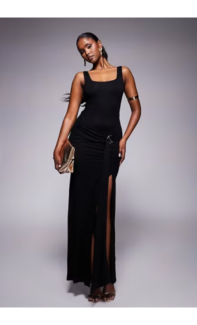 ASOS DESIGN square neck maxi dress with hardware trim and tie waist detail