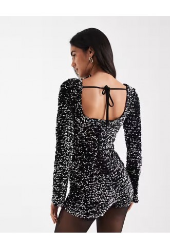 ASOS DESIGN velvet sequin long sleeve playsuit
