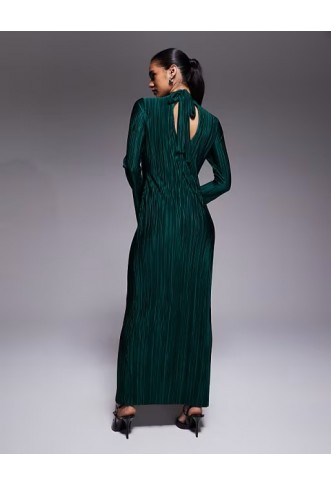 ASOS DESIGN tie back long sleeve plisse dress in dark green