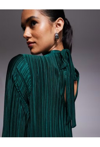 ASOS DESIGN tie back long sleeve plisse dress in dark green