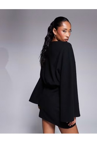 ASOS DESIGN supersoft wide long sleeve blouson mini dress in black
