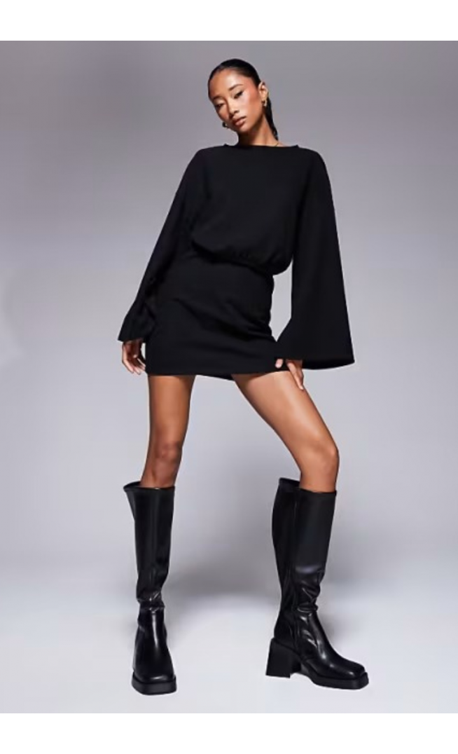 ASOS DESIGN supersoft wide long sleeve blouson mini dress in black
