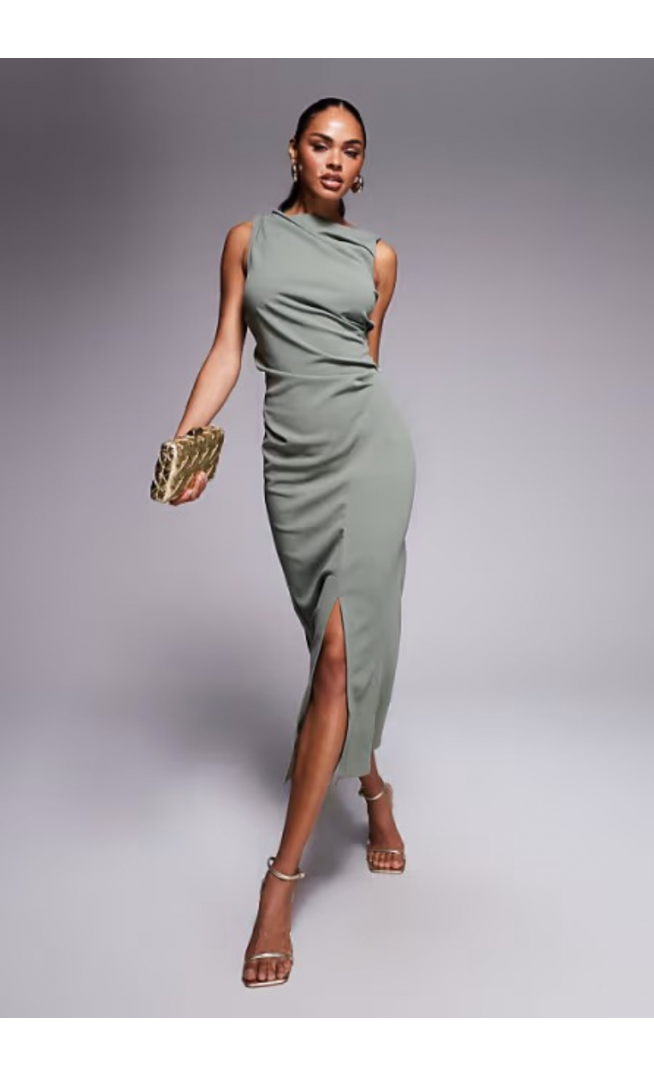 ASOS DESIGN slash neck ruched midi dress in khaki