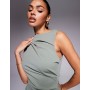 ASOS DESIGN slash neck ruched midi dress in khaki