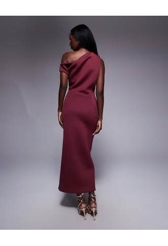 ASOS DESIGN drape fallen shoulder midi dress in burgundy