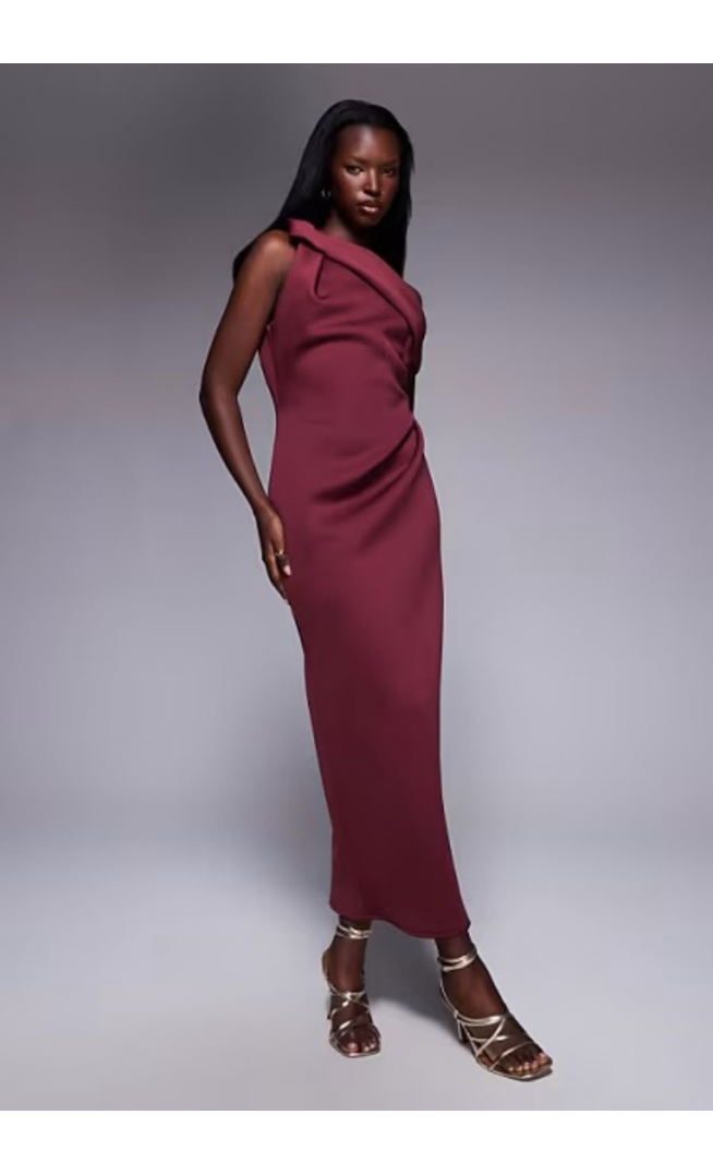 ASOS DESIGN drape fallen shoulder midi dress in burgundy