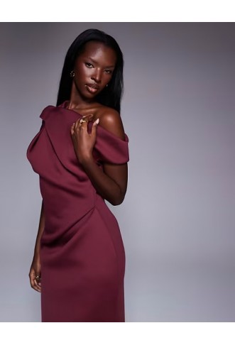 ASOS DESIGN drape fallen shoulder midi dress in burgundy