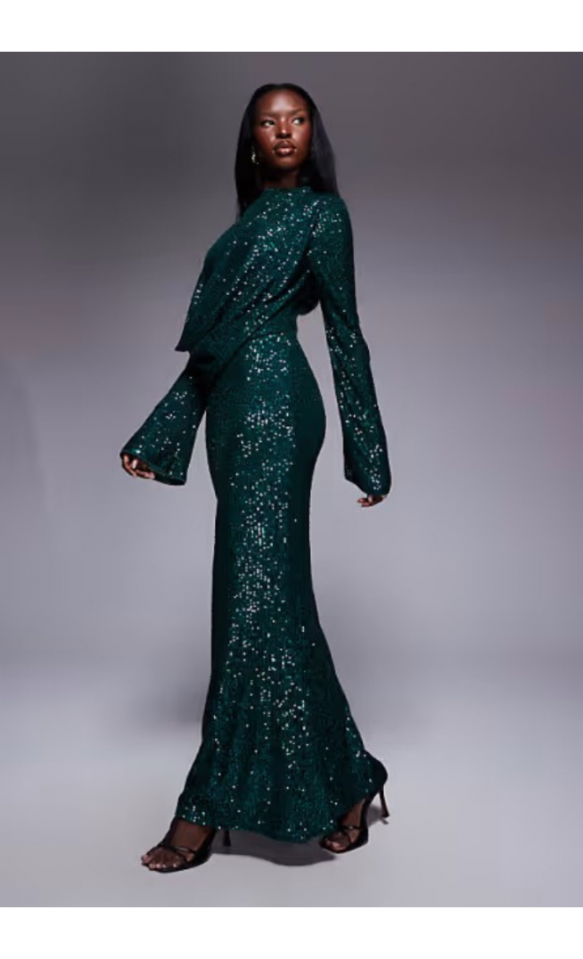 ASOS DESIGN all over sequin long sleeve wrap front detail maxi dress