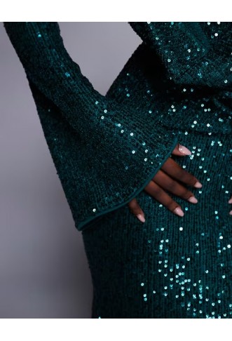 ASOS DESIGN all over sequin long sleeve wrap front detail maxi dress
