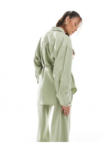 ASOS DESIGN modal tie waist shirt in khaki