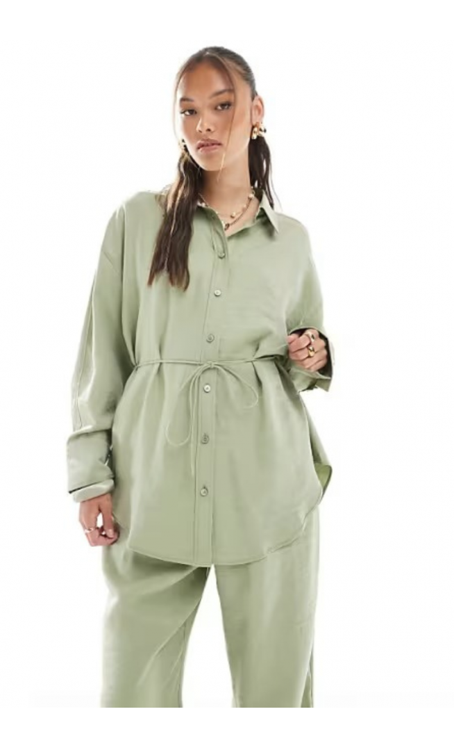 ASOS DESIGN modal tie waist shirt in khaki