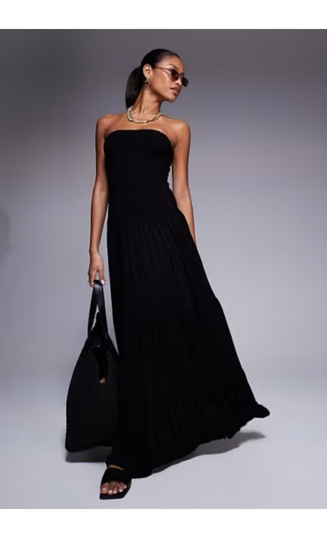 ASOS DESIGN crinkle bandeau shirred bodice tiered maxi dress in black