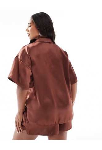 ASOS DESIGN Curve satin short sleeve shirt co-ord in brown