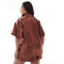 ASOS DESIGN Curve satin short sleeve shirt co-ord in brown