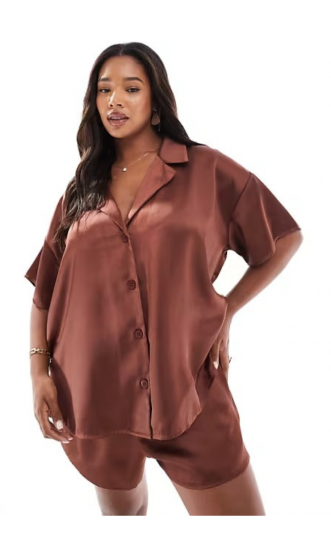 ASOS DESIGN Curve satin short sleeve shirt co-ord in brown