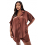 ASOS DESIGN Curve satin short sleeve shirt co-ord in brown