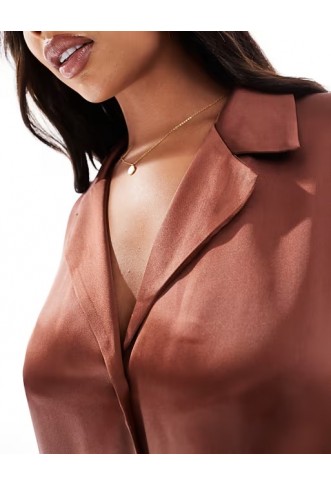 ASOS DESIGN Curve satin short sleeve shirt co-ord in brown