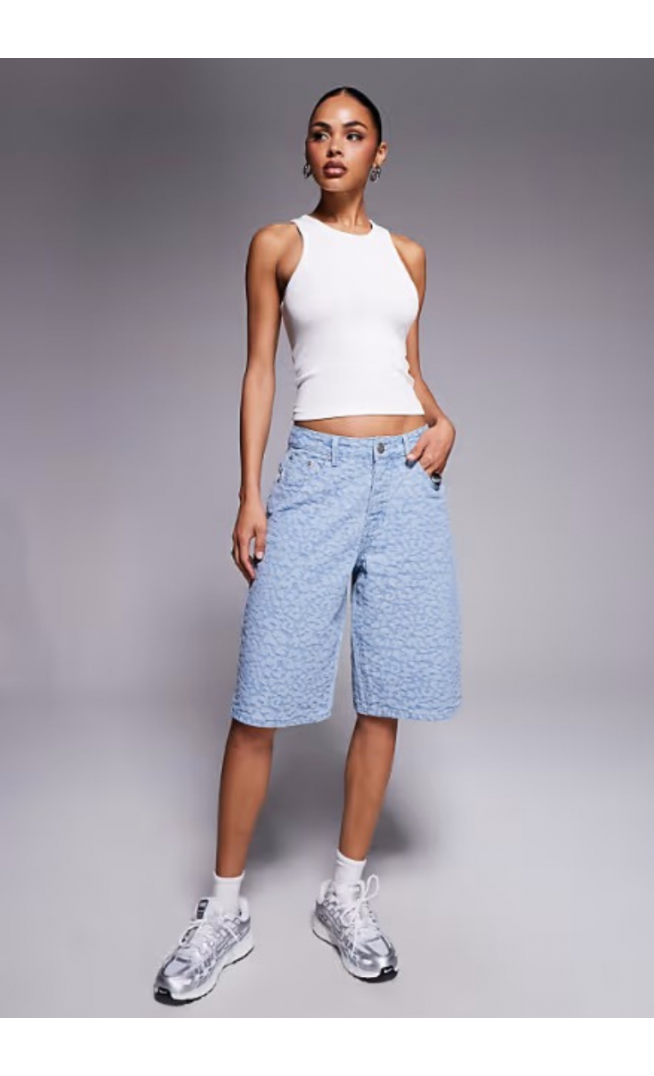 Liquor N Poker leopard print denim jorts in jacquard