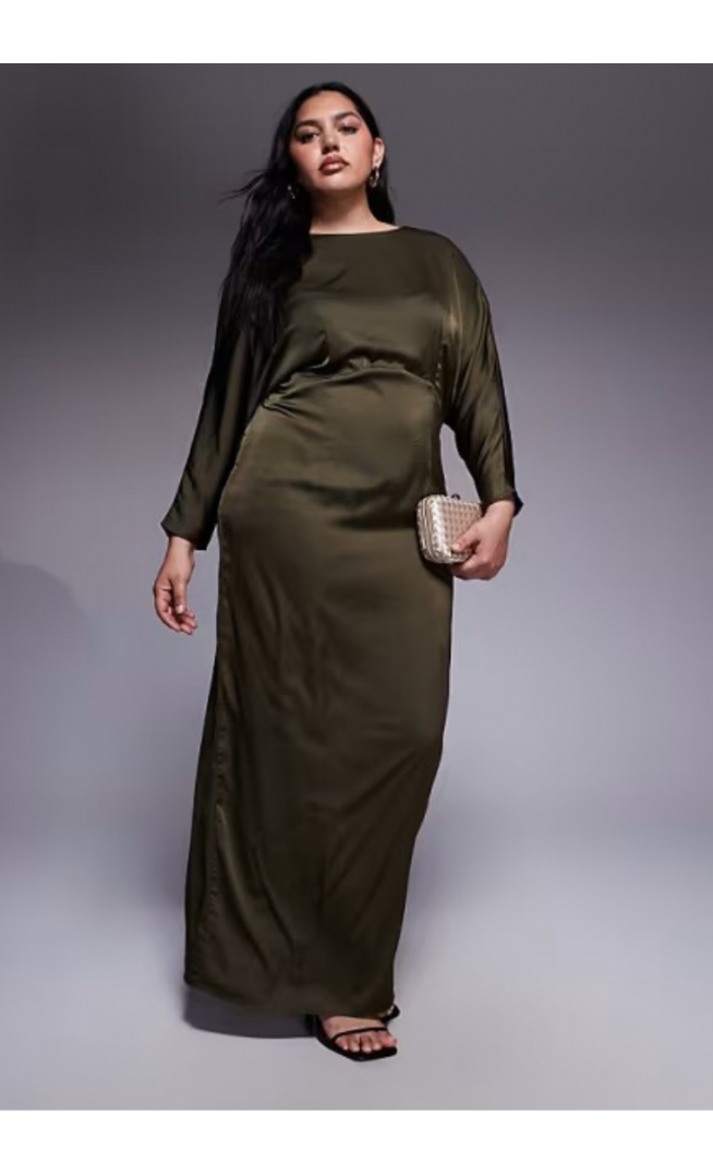 TFNC Plus long sleeve satin cowl back maxi dress in olive