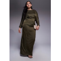 TFNC Plus long sleeve satin cowl back maxi dress in olive