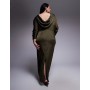 TFNC Plus long sleeve satin cowl back maxi dress in olive
