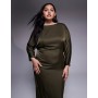 TFNC Plus long sleeve satin cowl back maxi dress in olive
