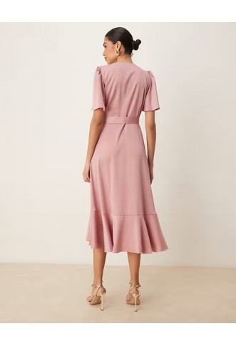 YAS satin wrap midi dress in lilas pink