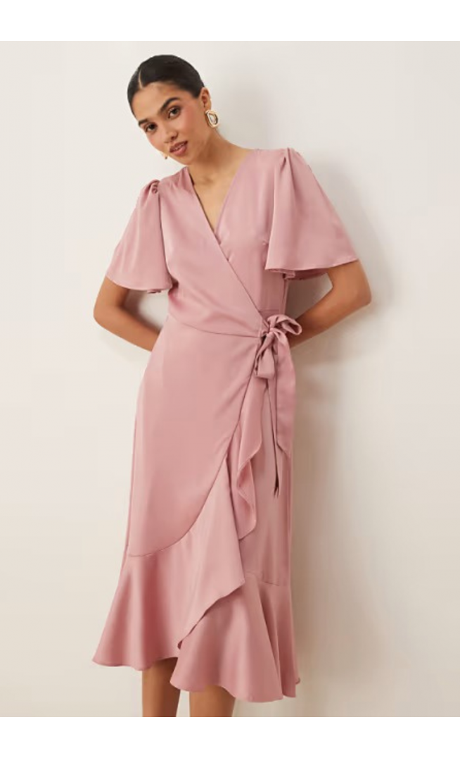 YAS satin wrap midi dress in lilas pink