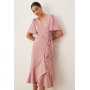 YAS satin wrap midi dress in lilas pink